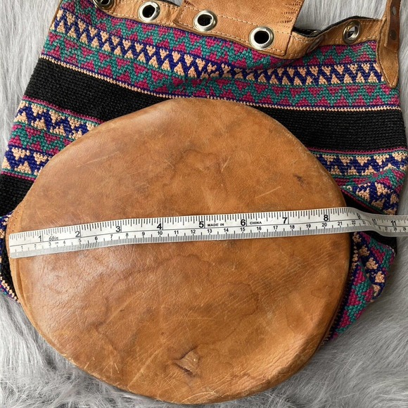 Boho chic bohemian fabric leather hobo slouchy shoulder tote bag black colorful - Picture 11 of 12